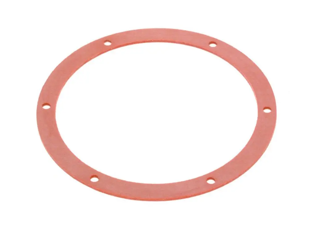 Dichtung aus flexiblem Material in runder Form mit mehreren gebohrten Löchern. Geeignet für den Einsatz in Bosch-Geräten, insbesondere in Gebläsen.